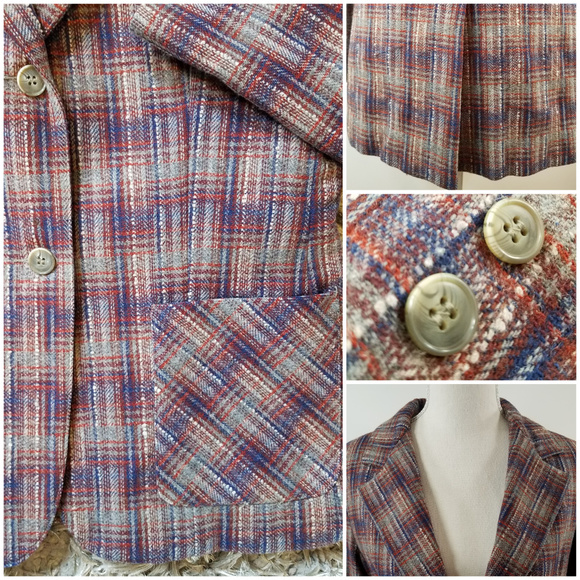 Vintage Panther Wool Plaid Blazer lined Suit Jacket red blue gray Academia 13/14 - Picture 6 of 8